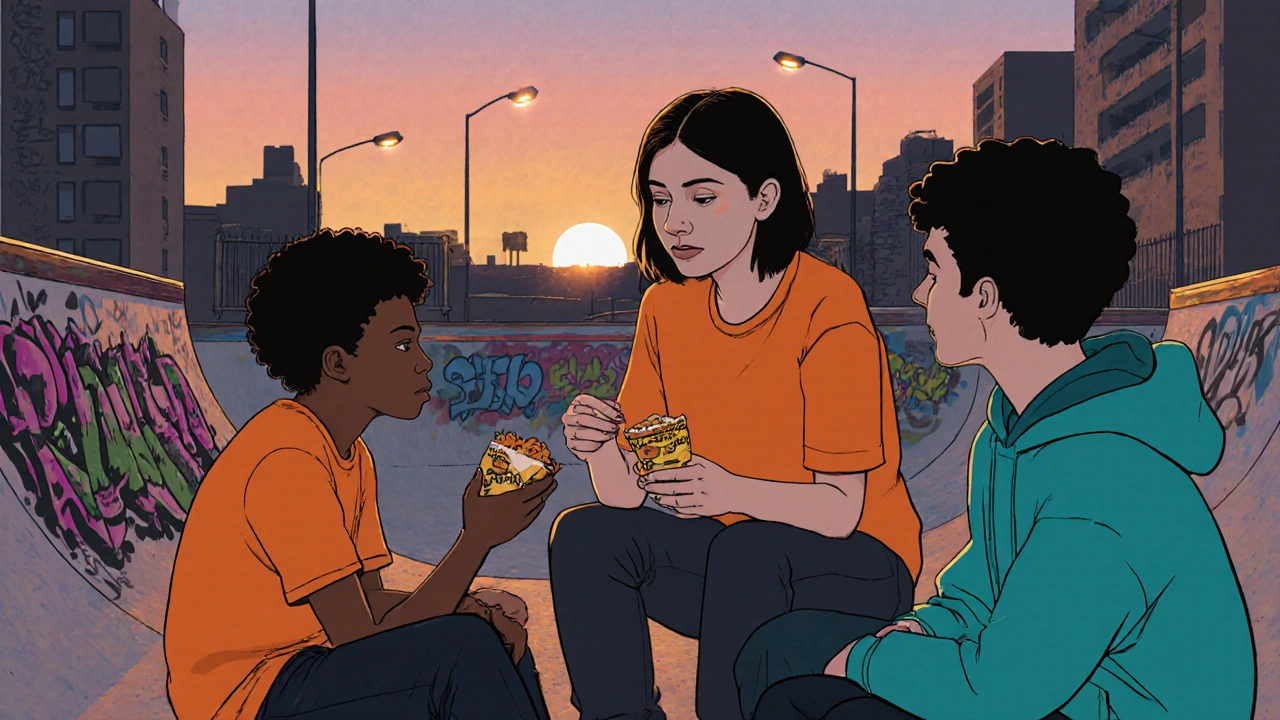 Youth worker sitting with teens on a skate ramp, sharing snacks at sunset.