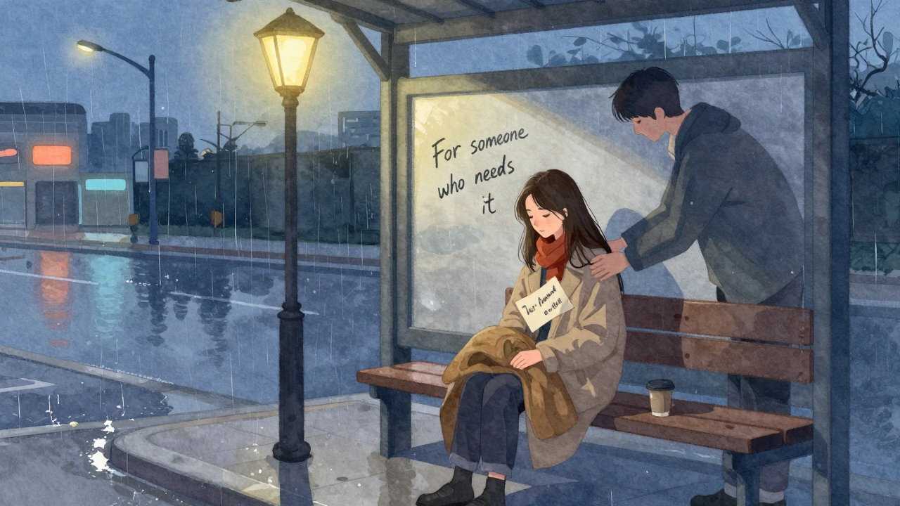 A coat left on a bus stop bench with a kind note, at twilight.