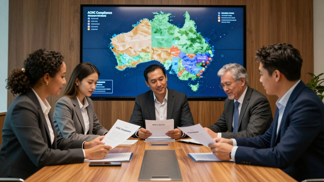 A diverse board meeting reviewing charitable compliance documents with a map of Australia in the background.