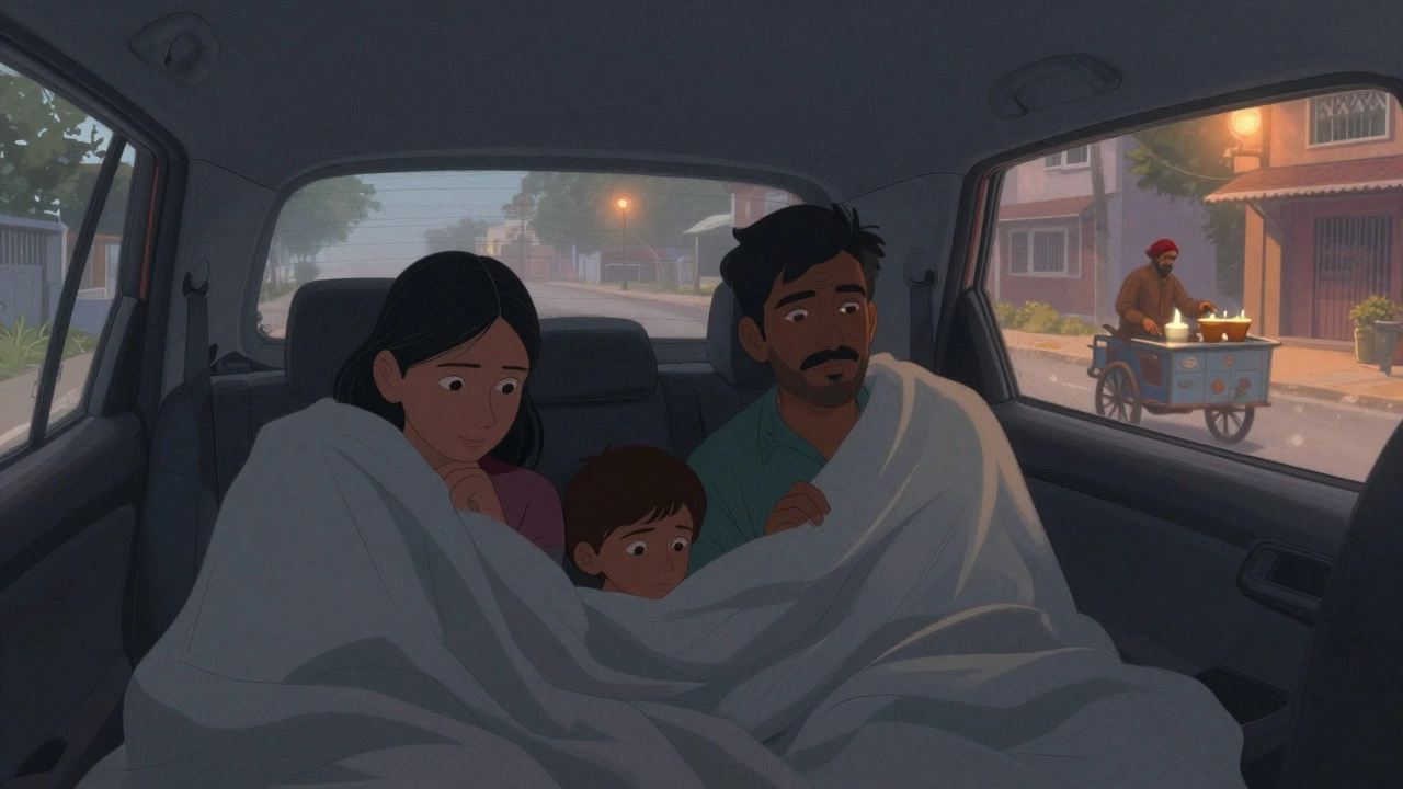 A family huddled in the back seat of a parked car in a suburban neighborhood.