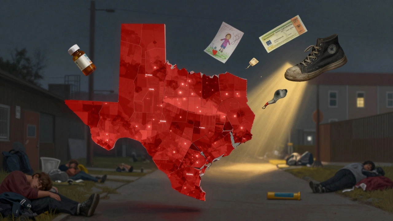 A fragmented Texas map shows banned areas with floating personal items suspended in air.