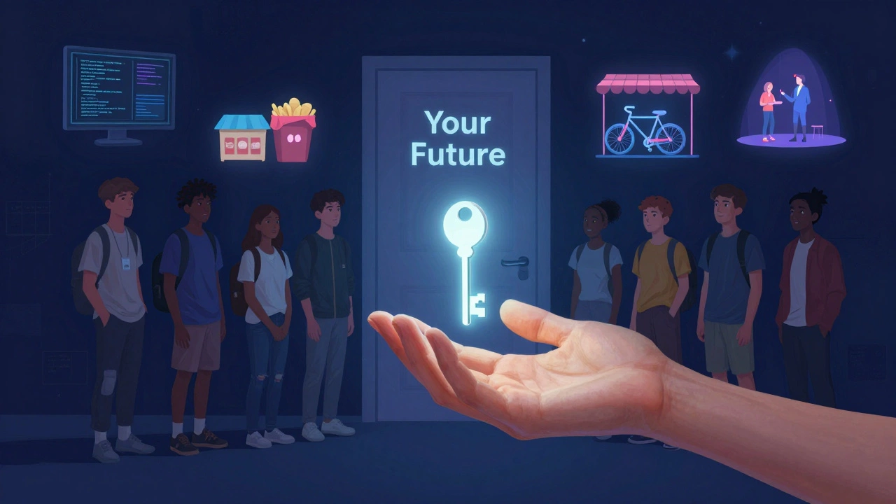 A hand passing a glowing key to teens before scenes representing youth-led initiatives.