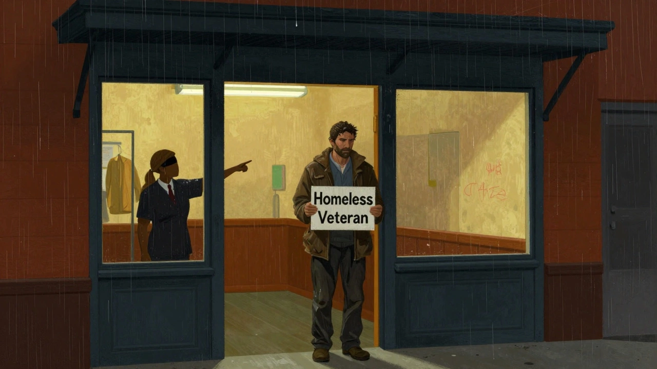 A homeless man is turned away from a shelter doorway while rain falls nearby.