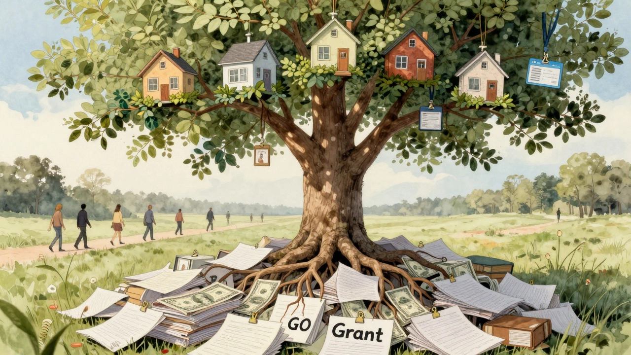 A tree growing from GO Grant paperwork, with homes and job badges as fruit, symbolizing stability through support.