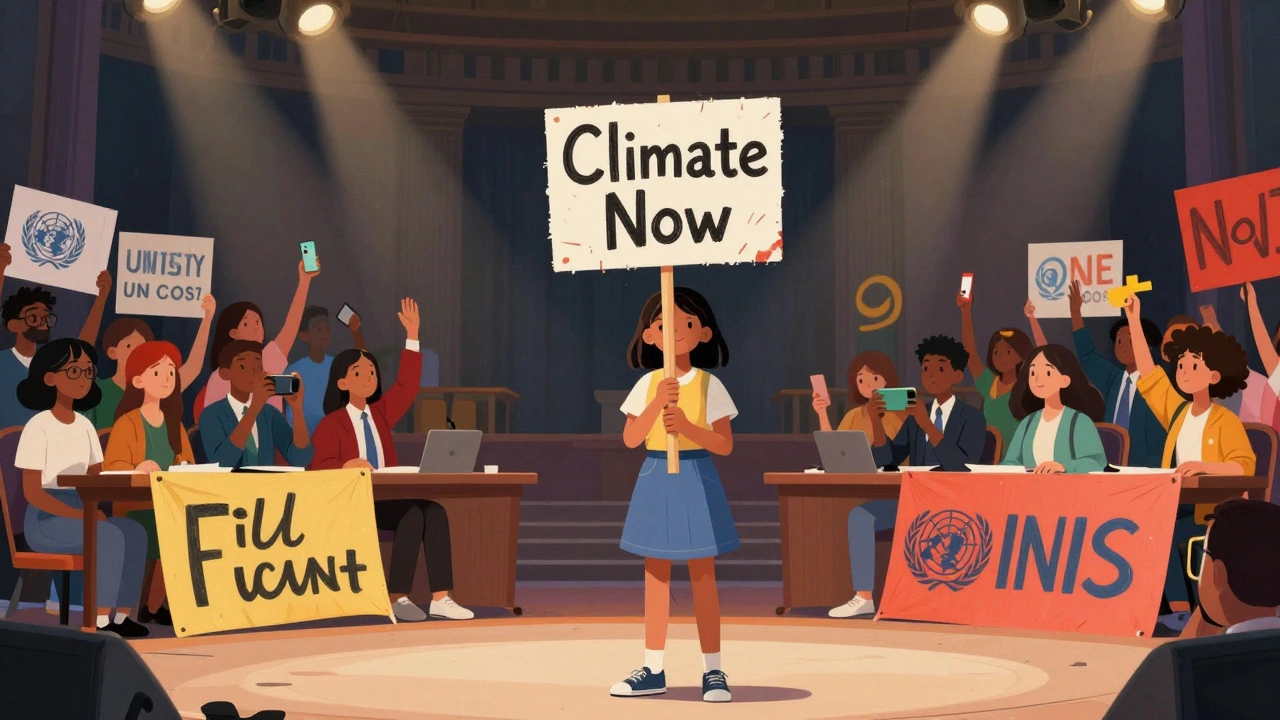 A young girl speaking at a youth climate forum surrounded by activist peers.