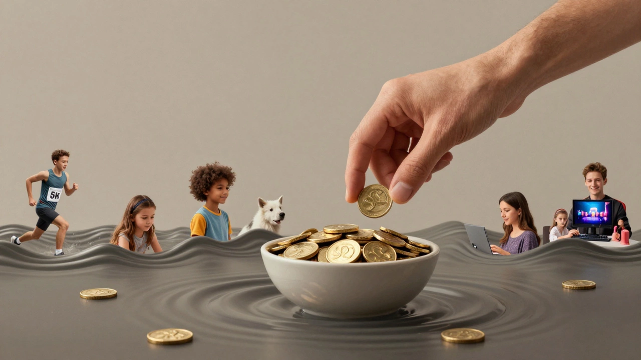 Artistic ripple effect from a hand donating coins, transforming into images of people and causes helped by charity events.