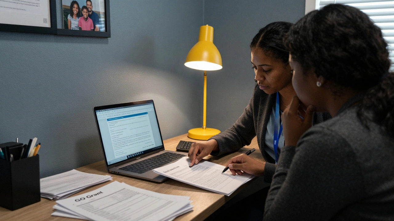 Case worker and client reviewing GO Grant housing documents in a modest Arkansas office.