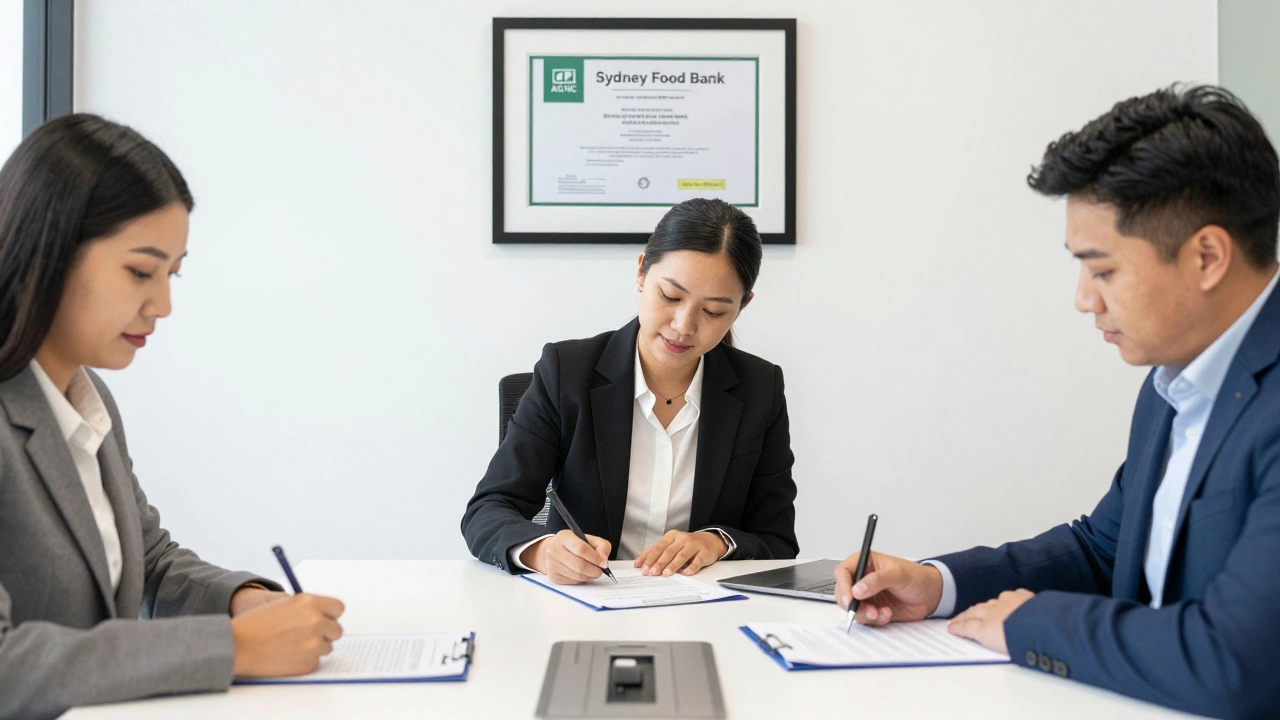 Charity board members signing documents with ACNC registration visible in the background.