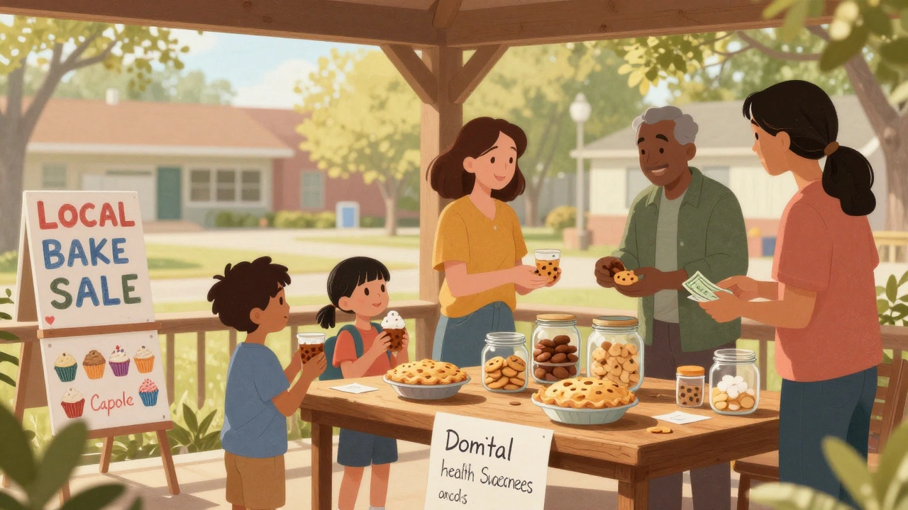 Community bake sale at a school with tables of homemade treats, children holding donation jars, warm afternoon light.