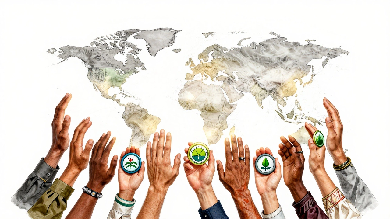 Global network of hands forming a globe with cultural badges representing youth leadership and service.