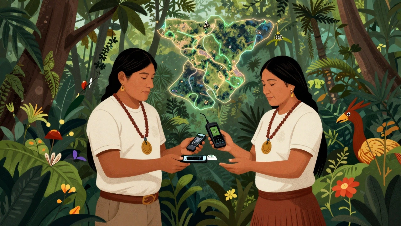 Indigenous guardians protecting rainforest with mobile payment device