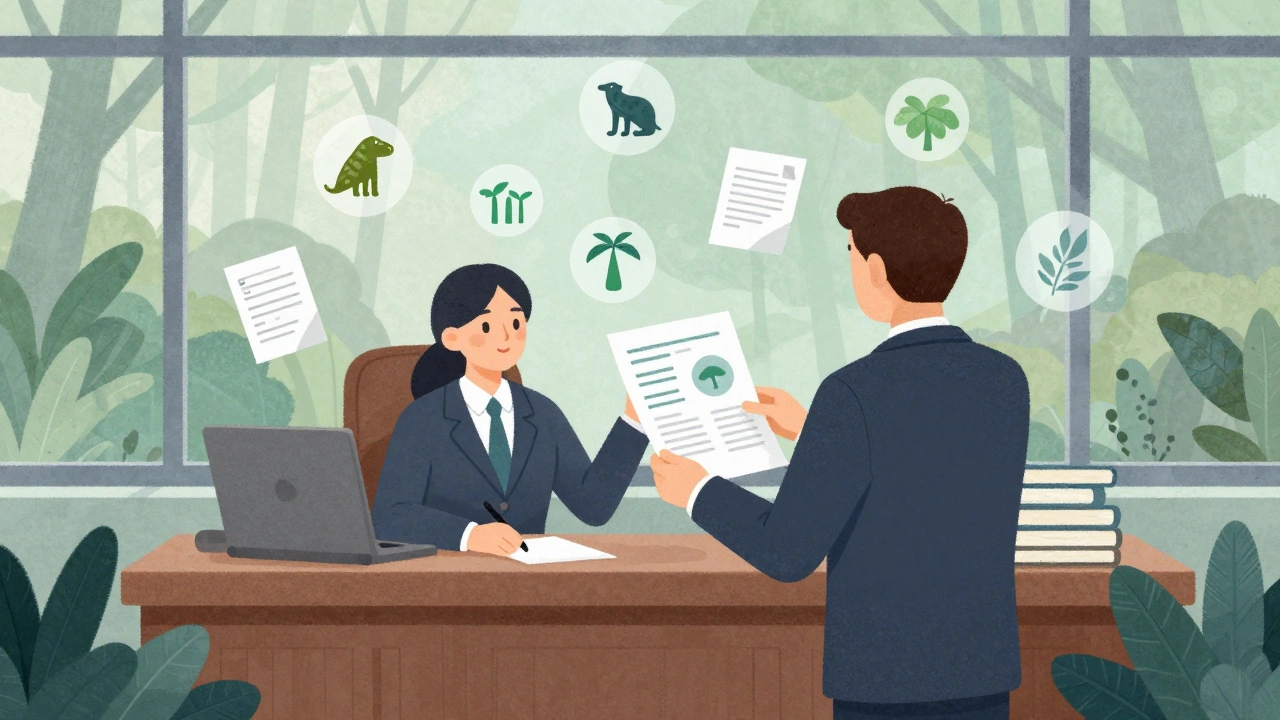 Lawyer presenting environmental science in court with species and energy icons floating nearby