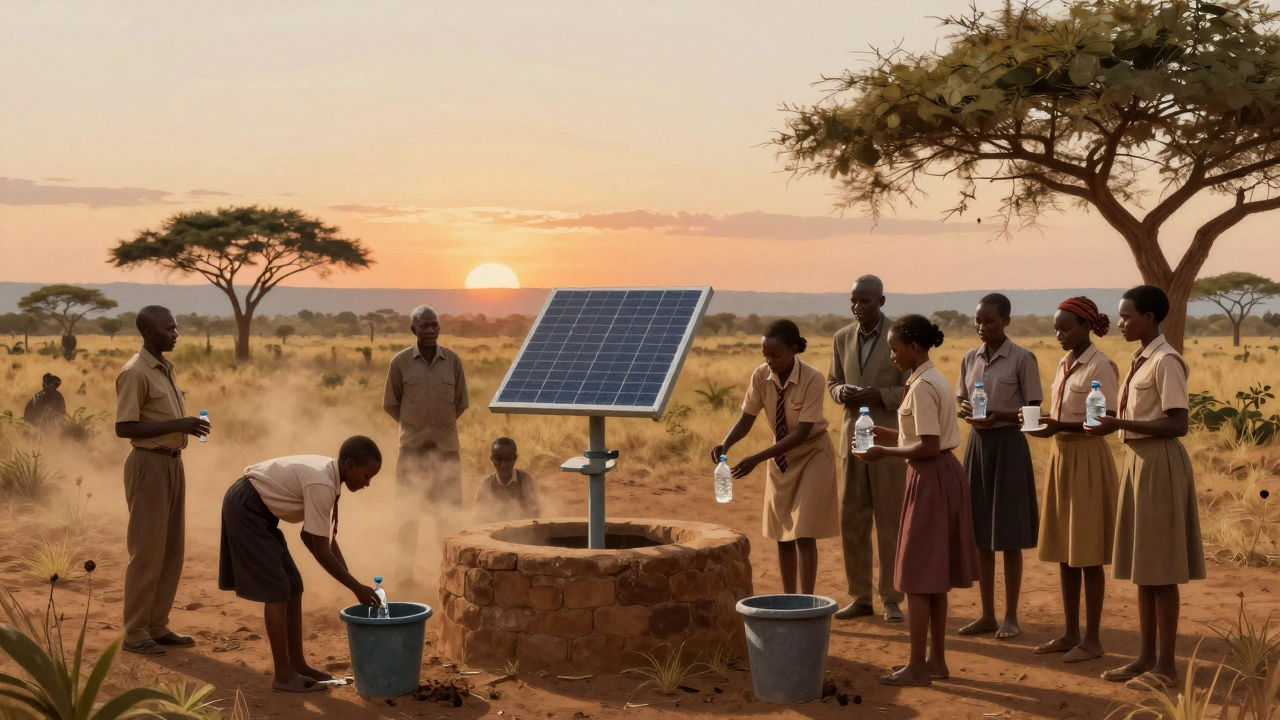 Scouts in Kenya installing solar water filters near a village well under a golden sunset.