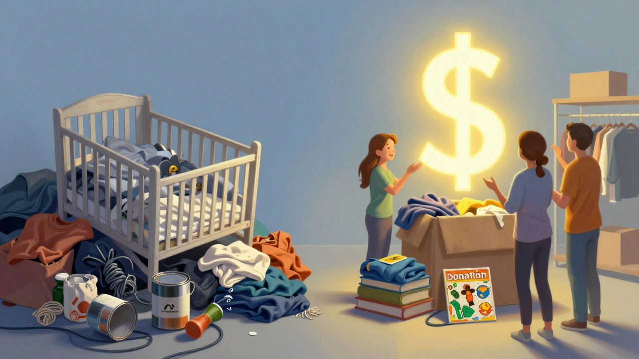 Split scene: hazardous waste on one side, clean donations being bought on the other, symbolizing responsible giving.