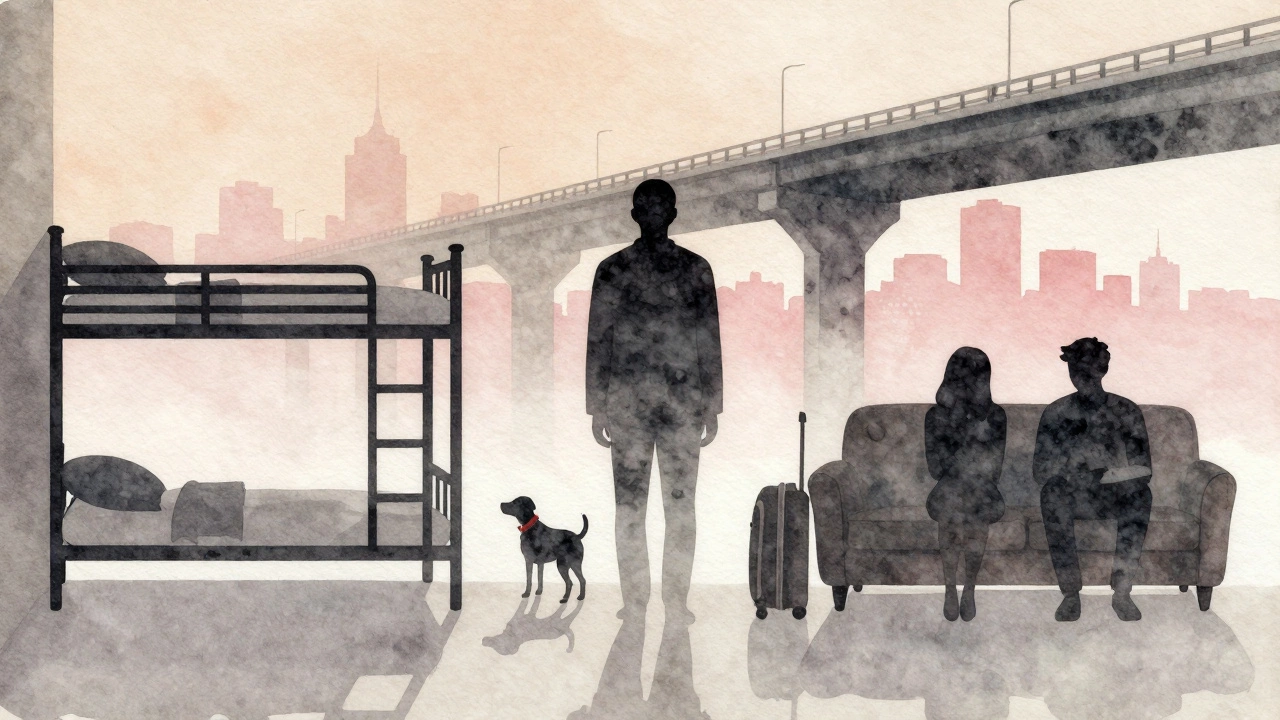 Three silhouettes representing sheltered, unsheltered, and hidden homelessness in a blurred cityscape.