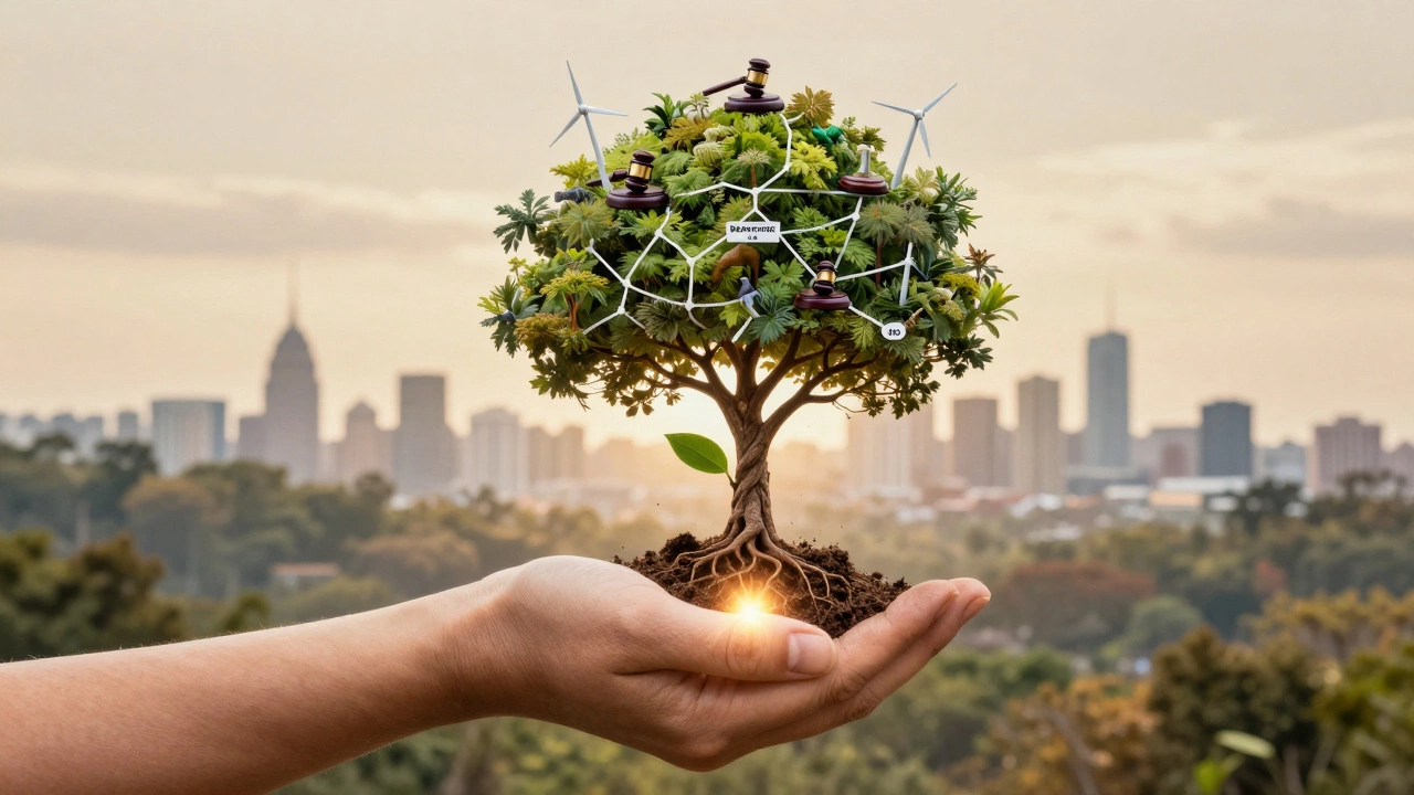 Tree growing from a planted sapling into a network of activists, law, and clean energy symbols