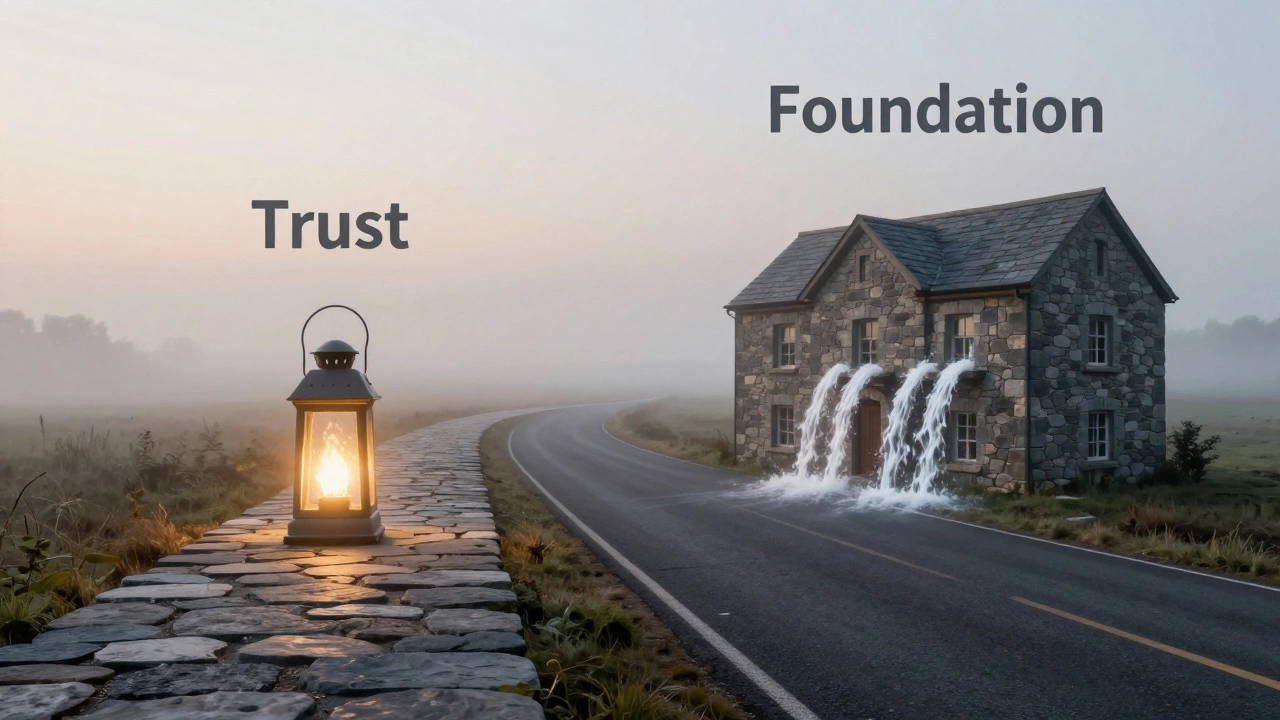 Two symbolic paths: one leading to a lantern for a trust, another to a building representing a foundation.
