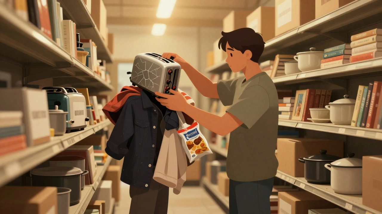 Volunteer sorting donations in a charity shop, rejecting damaged items while good ones are neatly organized.