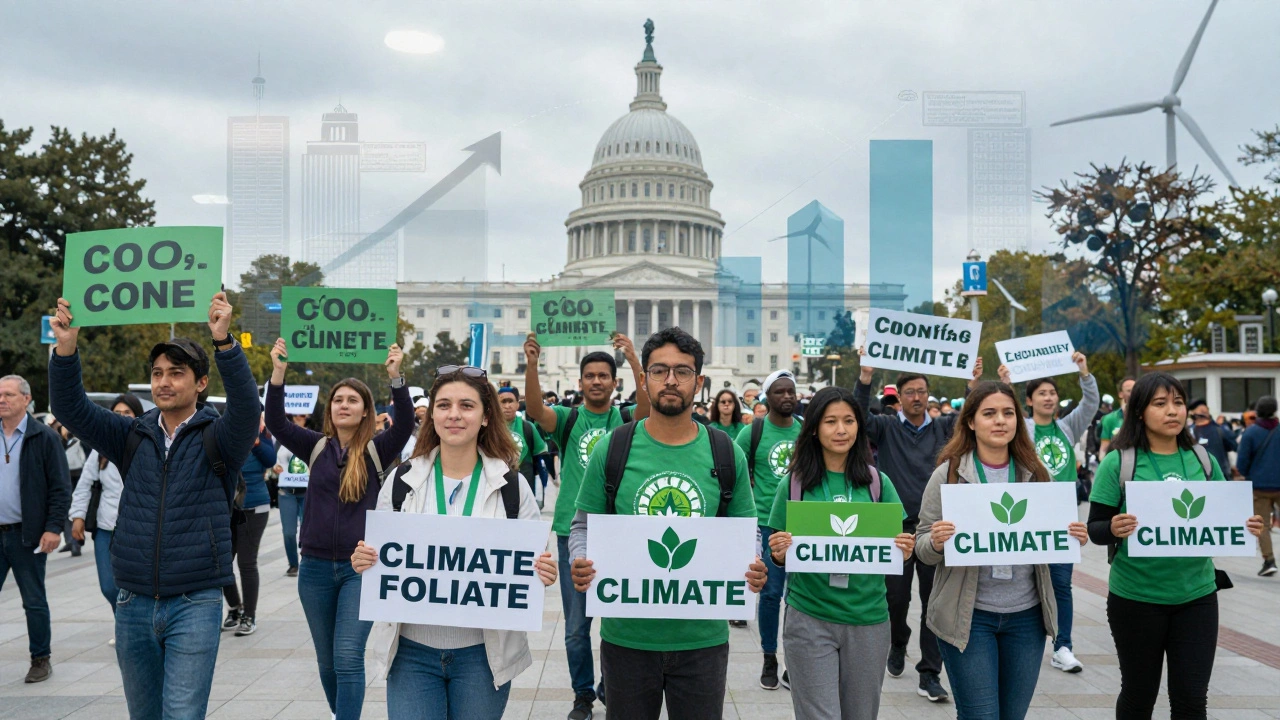 Volunteers advocating for climate policy with data visualizations in background