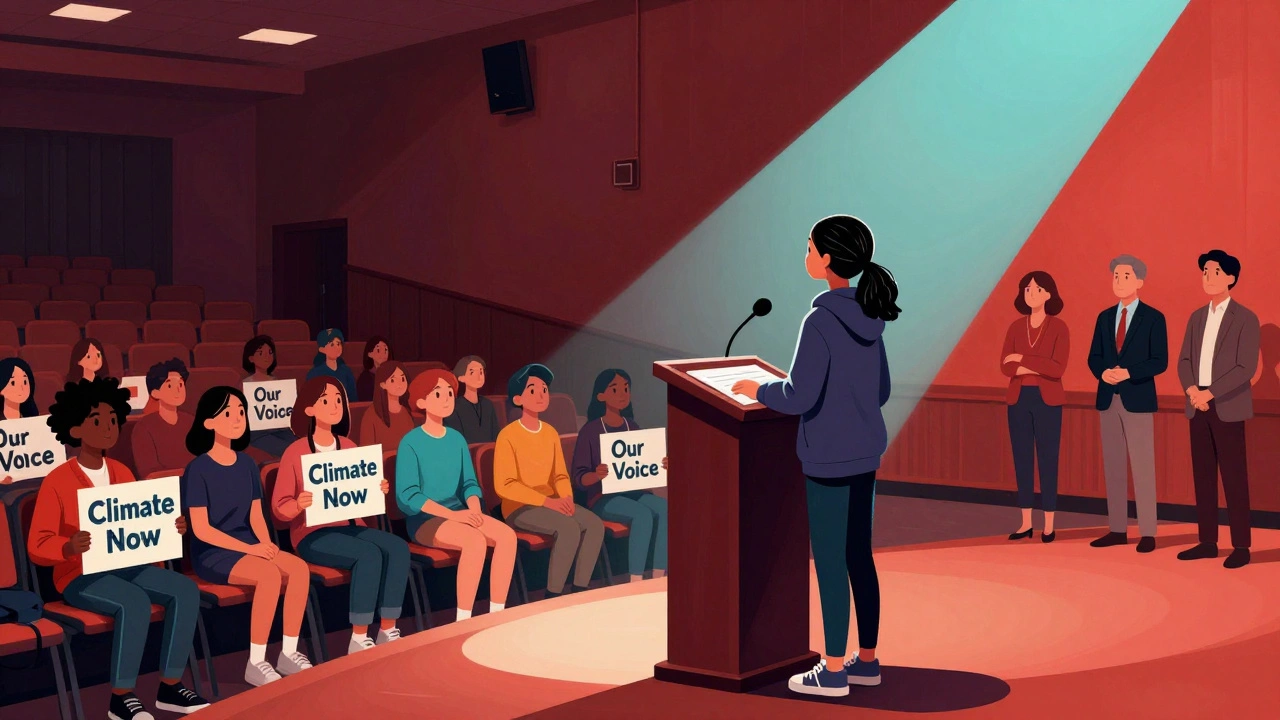 Young girl speaking at a podium to a crowd of peers holding climate signs.