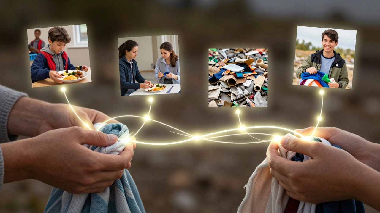 A glowing thread connects volunteer hands to images of meals, therapy, and reused items, symbolizing community impact.