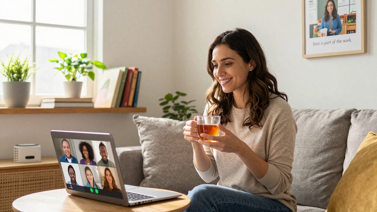 A woman mentors new volunteers via video call from her sunny living room, sipping tea with calm confidence.