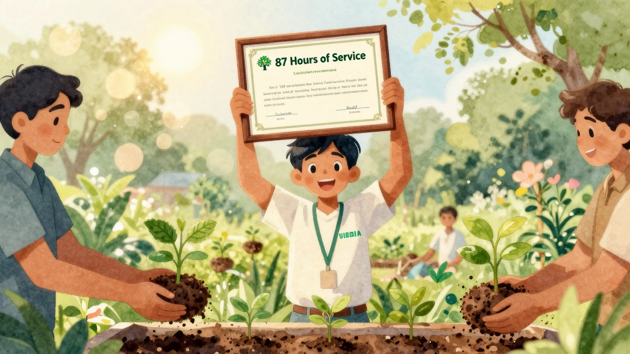 A young volunteer holds a certificate in a garden, surrounded by others planting seeds under sunlight.