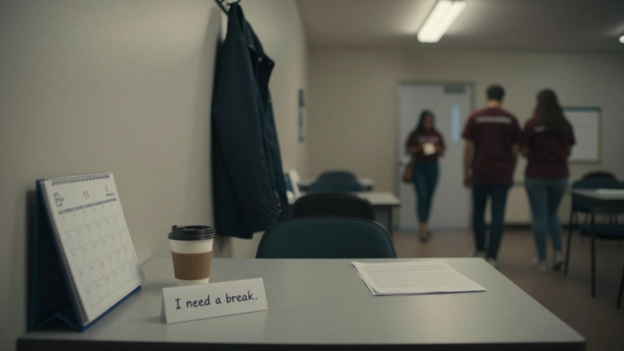 An empty volunteer station with a forgotten name tag, half-drunk coffee, and a note saying 'I need a break.'