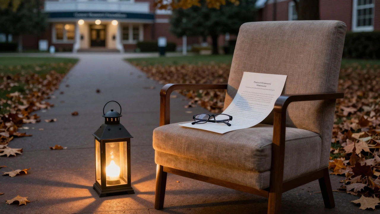 Empty armchair with trust deed and glasses beside a lantern leading to a research foundation.