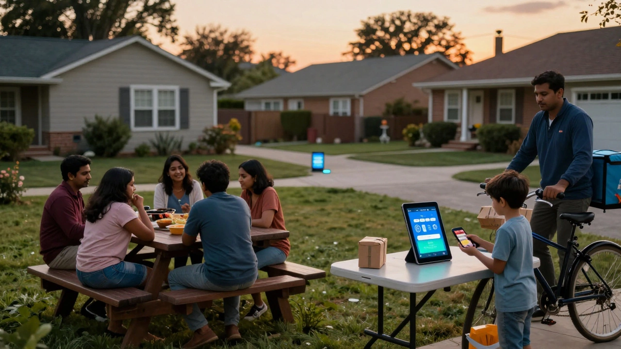 Families at a backyard BBQ donating via tablet, with a volunteer delivering meals by bicycle.
