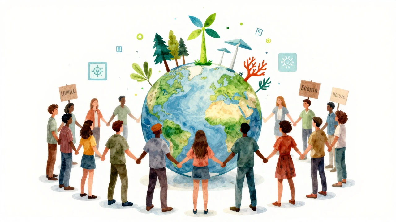 Global activists holding hands around a glowing Earth with nature and data symbols.