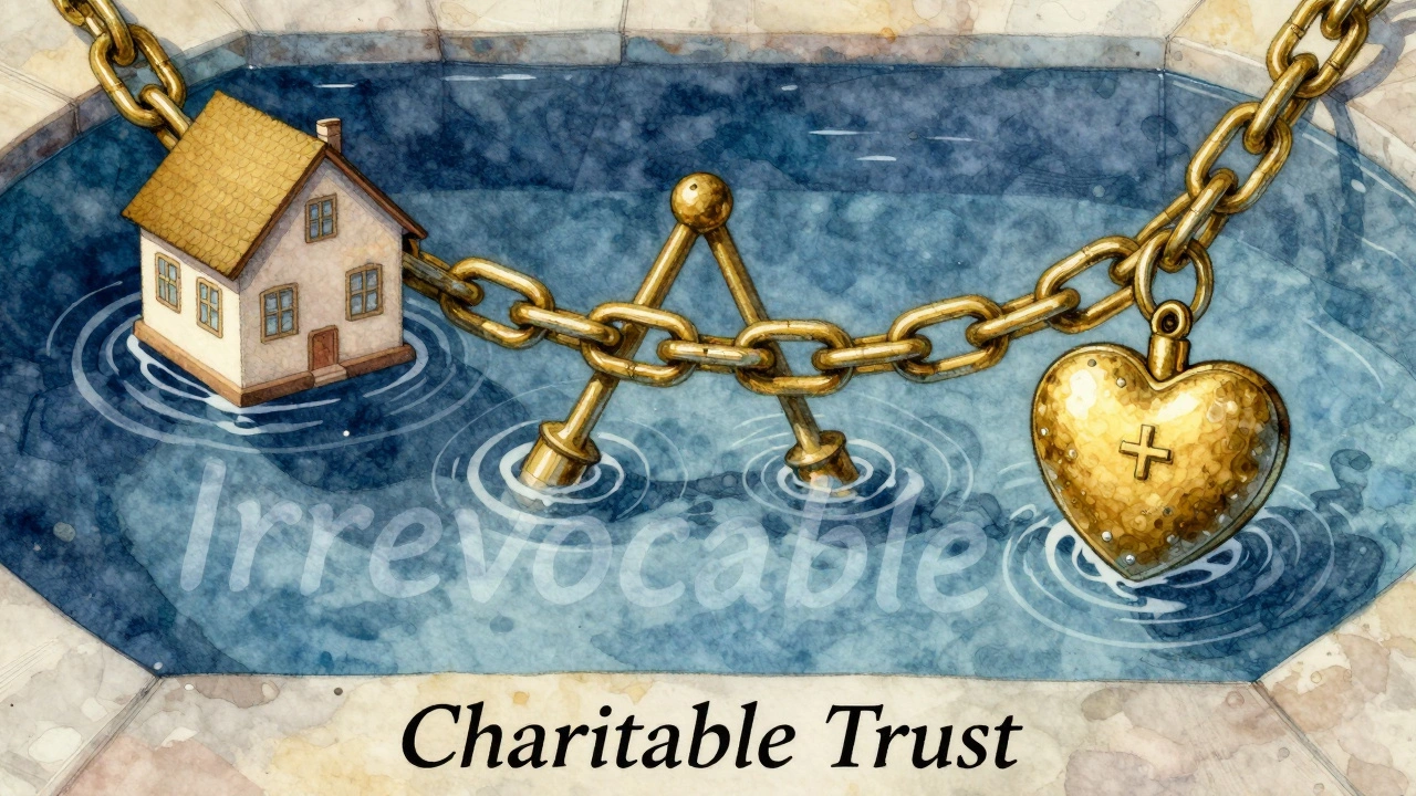 Golden chain linking home, stocks, and heart sinking into a pool labeled 'Irrevocable Trust'.