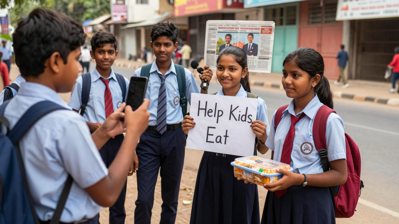 Teenagers filming a social media video on a roadside with a sign saying 'Help Kids Eat' in India.