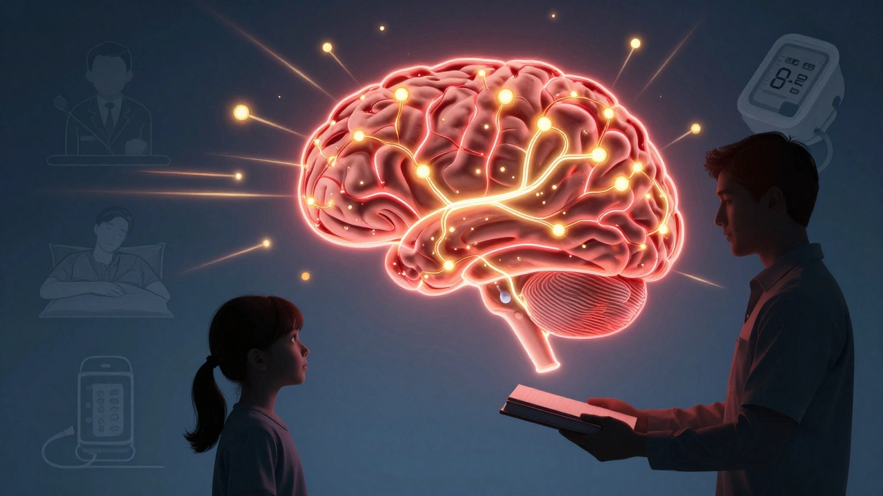 A glowing brain with neural pathways lighting up, overlaid with a volunteer helping a child, representing the biological rewards of service.