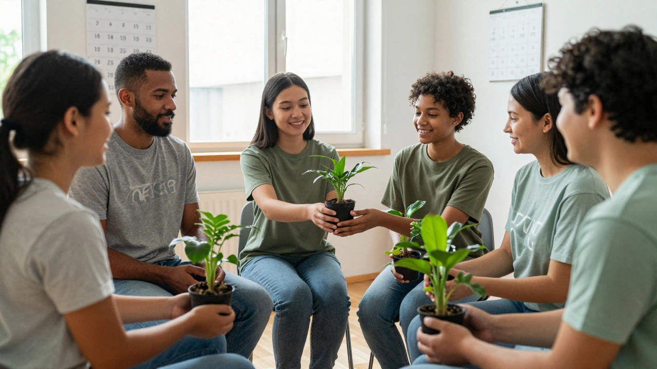 A group of volunteers exchange potted plants in a community center, symbolizing sustainable care and renewal.