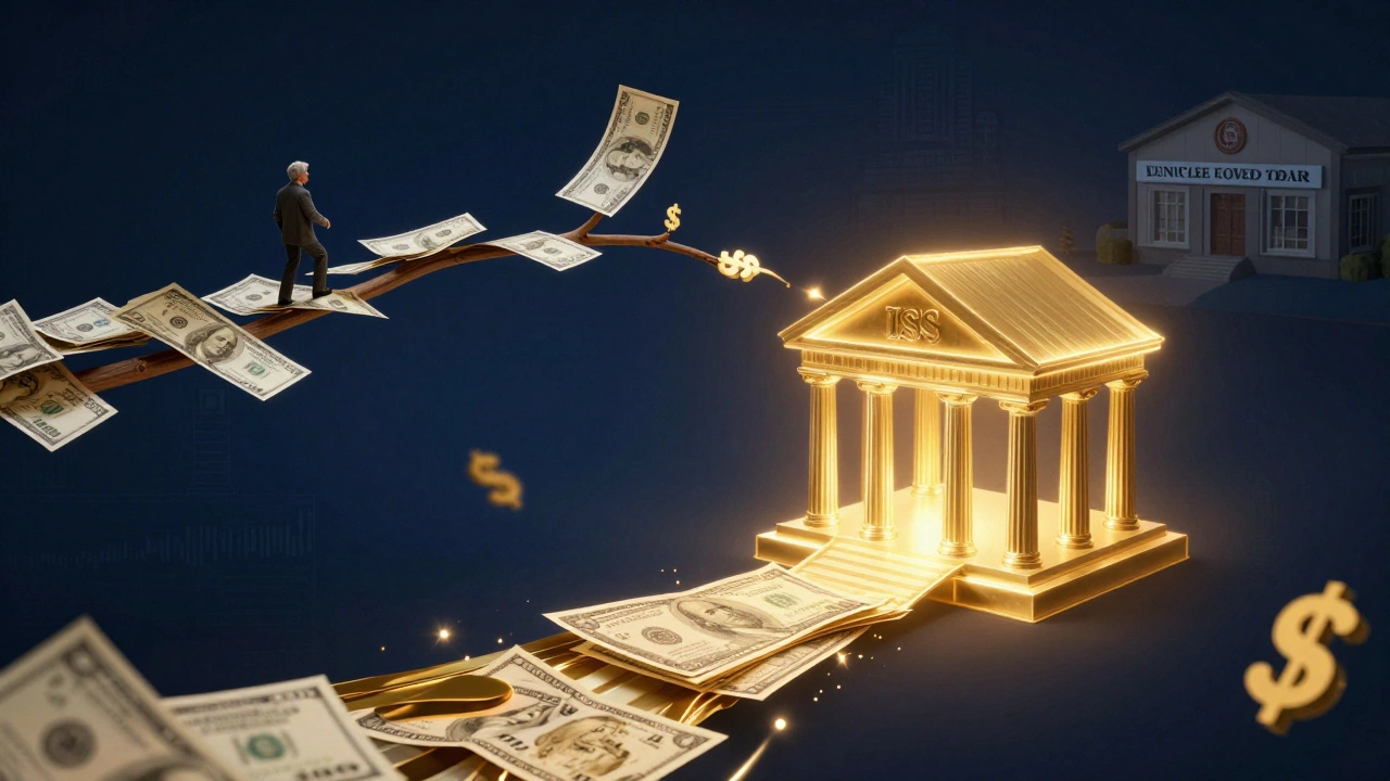 A symbolic financial flow showing assets entering a trust structure, with income returning to a donor and remainder going to charity.