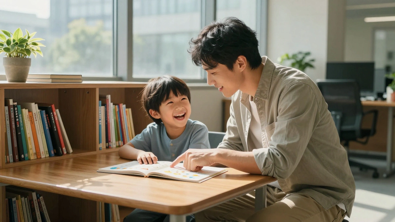 A tech worker tutoring a child at a library table, both smiling as they study a math book together.