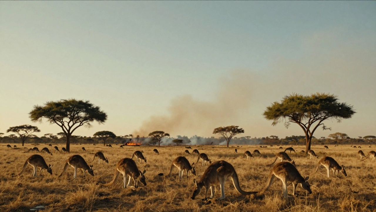 Australian savanna at sunset with kangaroos grazing under acacia trees and distant smoke from a fire.