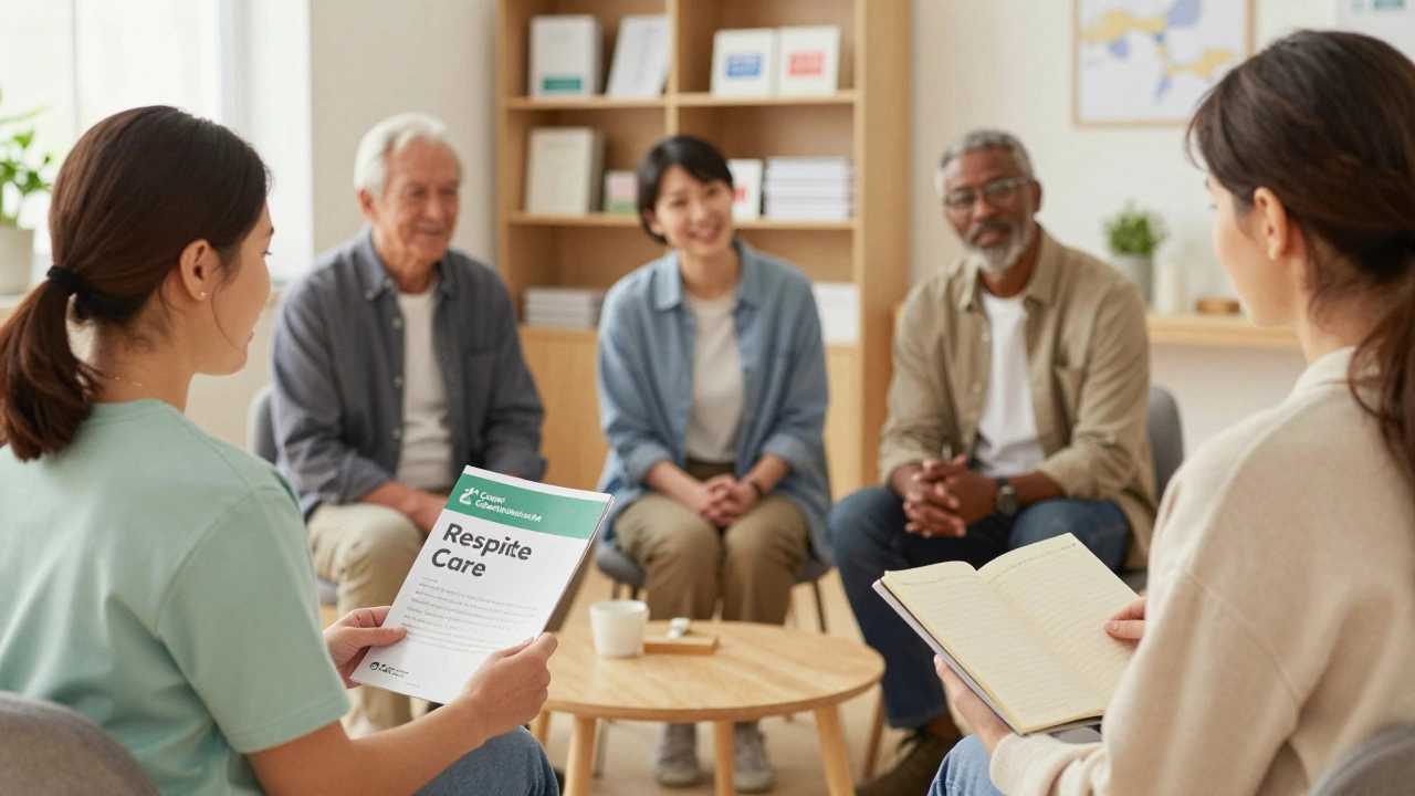 Carers gather in a supportive community setting, learning about respite care options.