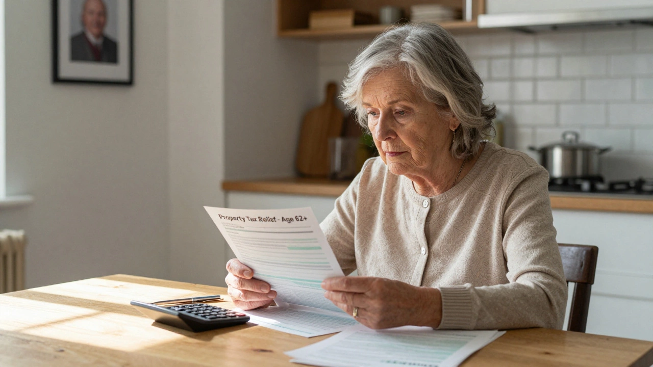 Elderly woman reviewing property tax relief paperwork at home