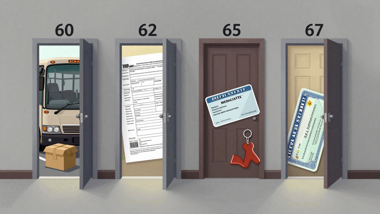 Four doors labeled with ages 60 to 67, each revealing different senior benefits