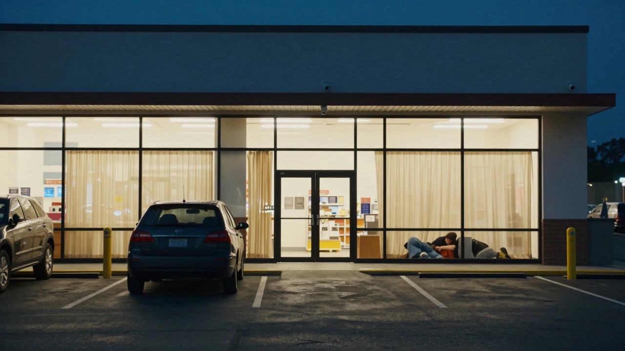 Retail parking lot with car for overnight stay under safety lights.