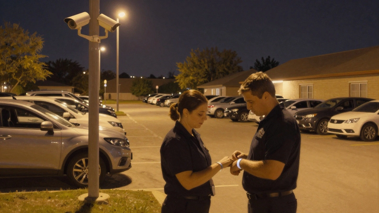 Secure parking lot with staff monitoring vehicles overnight.