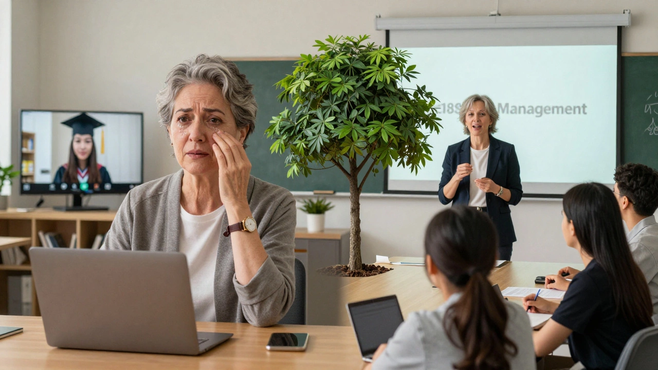 Split portrait of a retired teacher: one side shows her emotional connection to a former student, the other shows her leading others as a community leader.