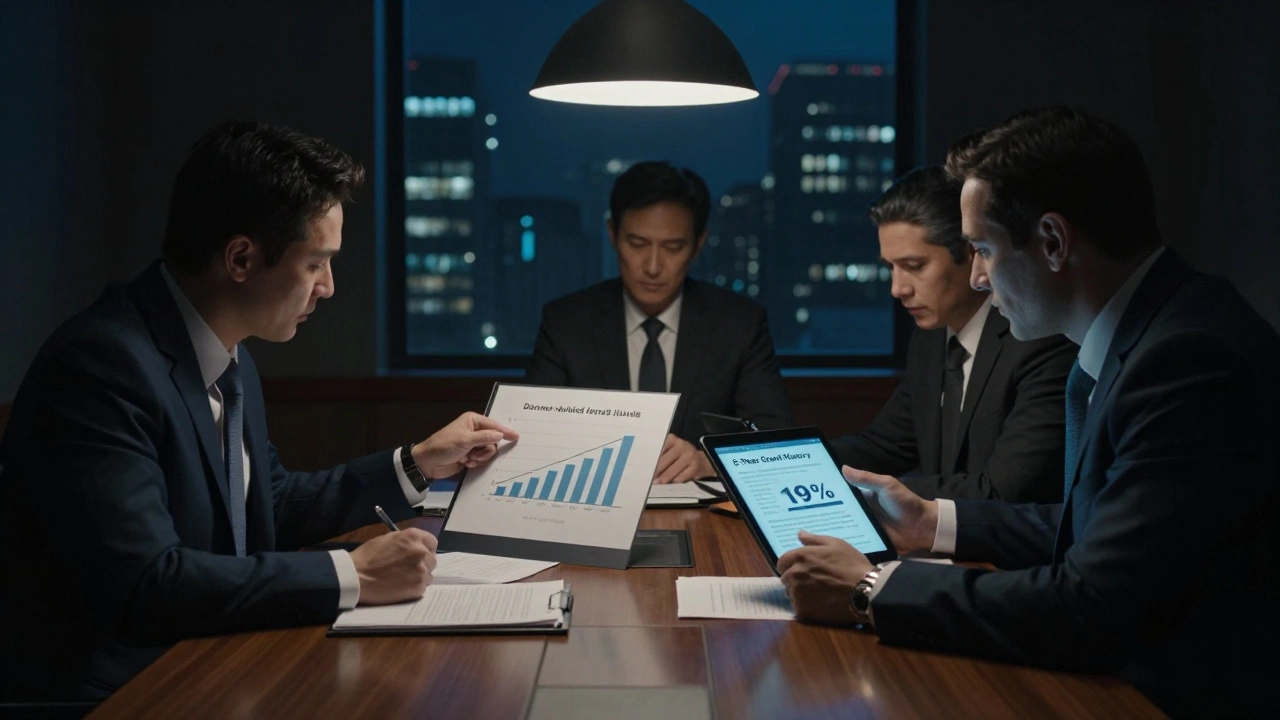 Three executives reviewing data on donor-advised funds with billions sitting idle in a dimly lit boardroom.