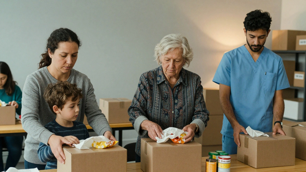 Three volunteers from different backgrounds serving meals and packing food in a community center, showing quiet unity.