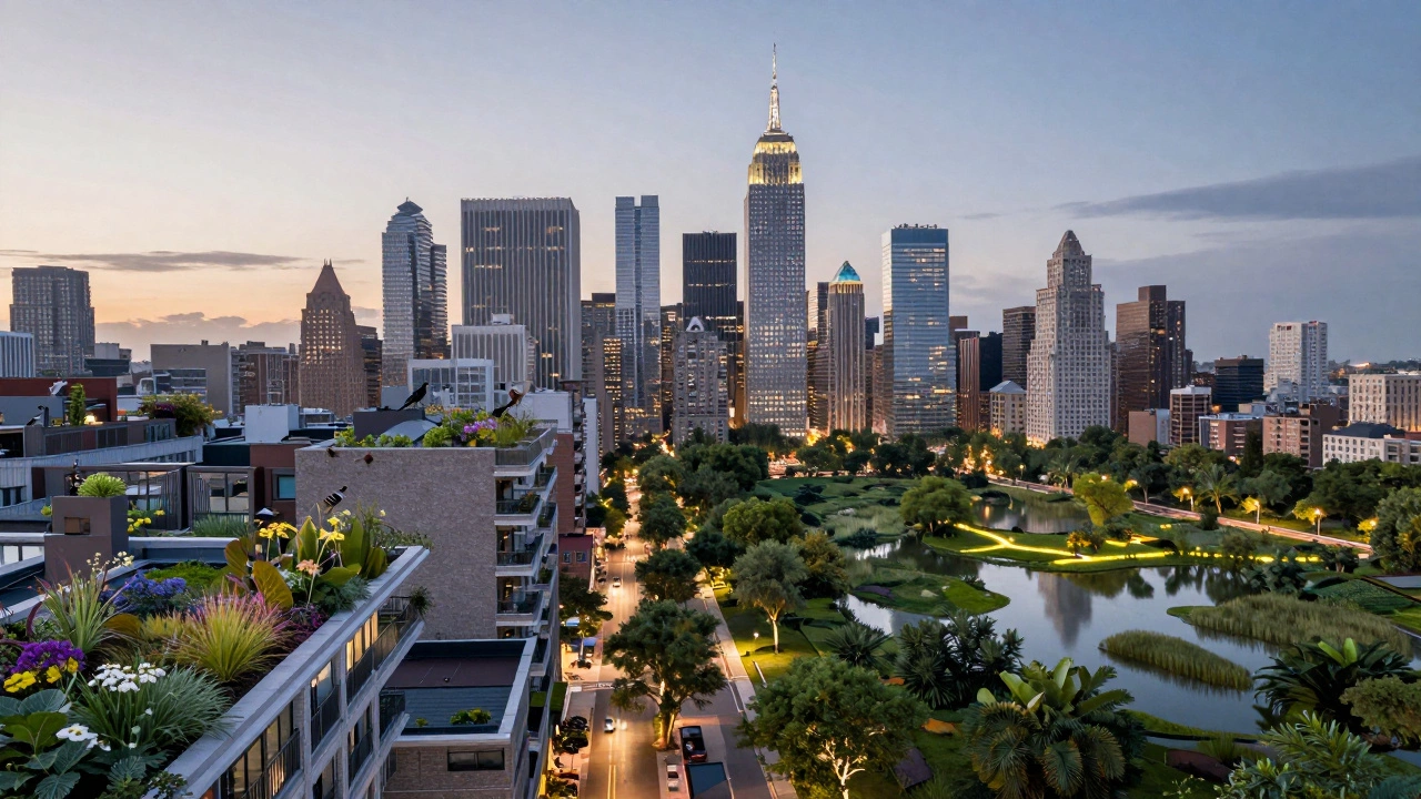 Urban cityscape at dusk featuring rooftop gardens, street trees, and a wetland park with wildlife corridors.