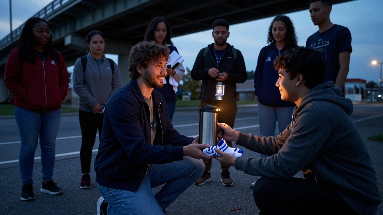 A mobile outreach worker offering support to someone under a bridge at dusk.