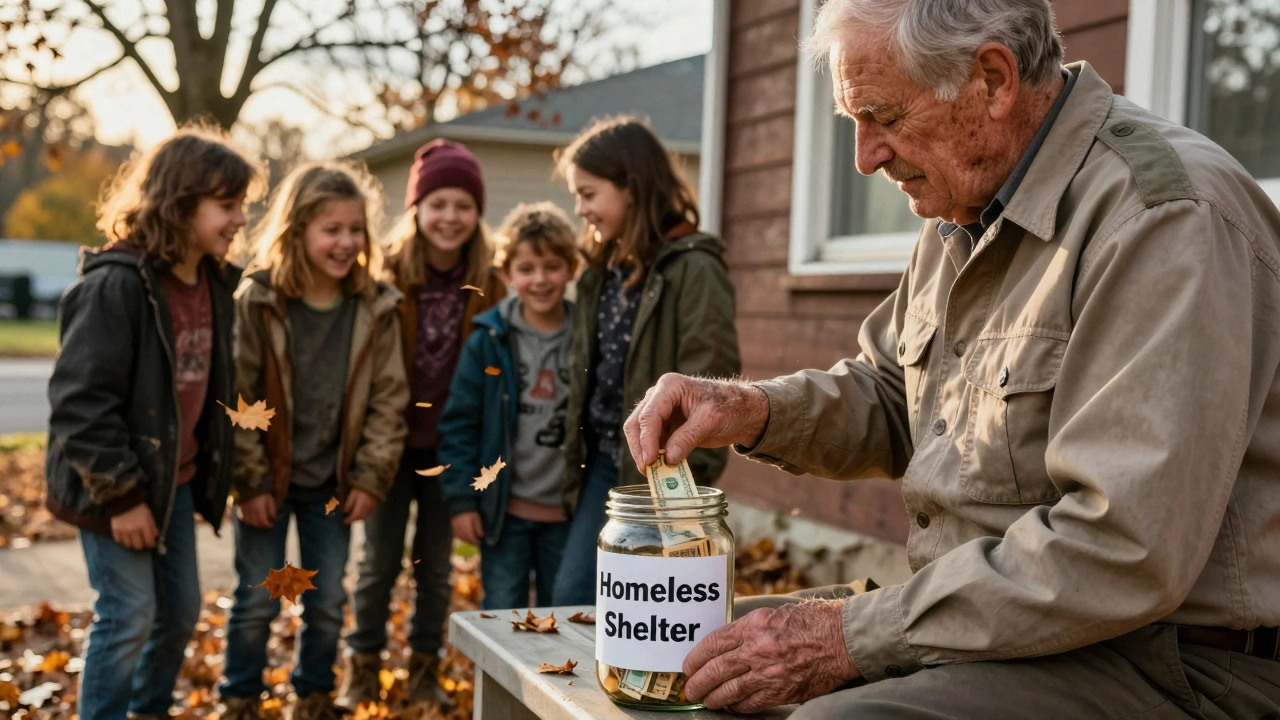 An elderly man donating to a homeless shelter as children laugh in the background.