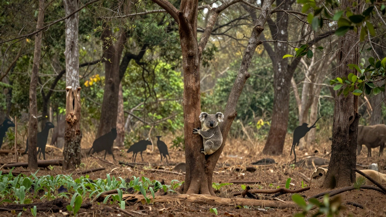 An endangered native animal isolated in a shrinking forest, surrounded by fading wildlife and chemical crops.